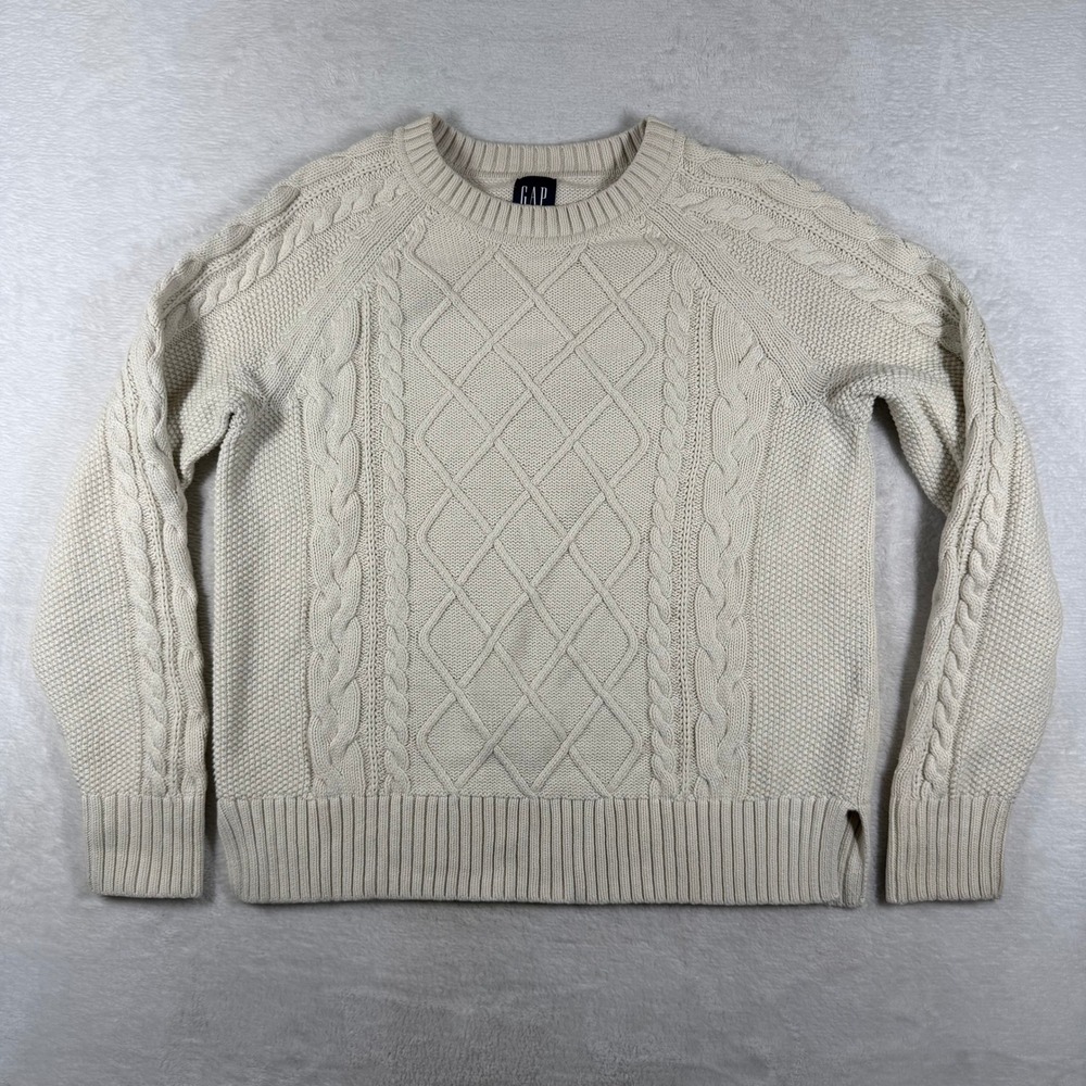 GAP S Cream 100% Cotton Cable Knit Fisherman Crewneck Sweater